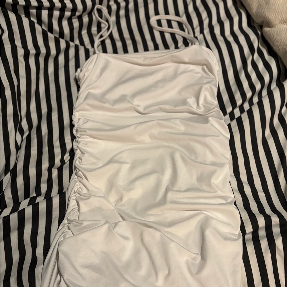 White Ruched Mini Dress - Sleek Strap Detail
